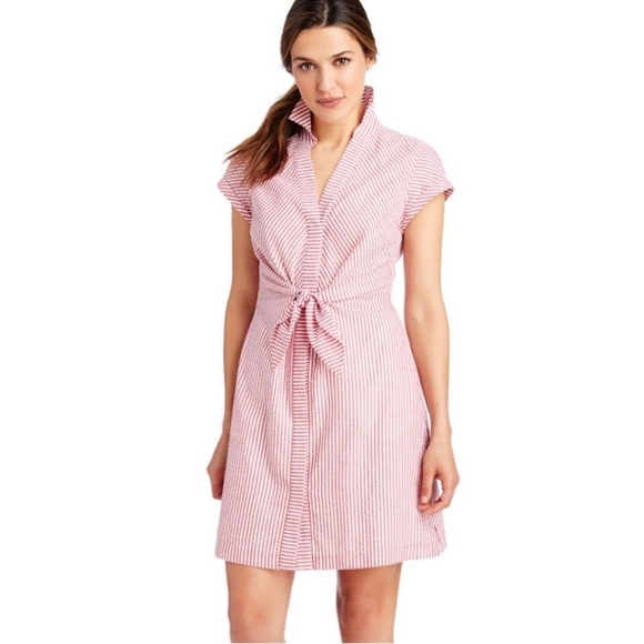 Vineyard Vines NWT Tie Front Seersucker Shirt Dress in Malibu Pank size 2 - Picture 2 of 13